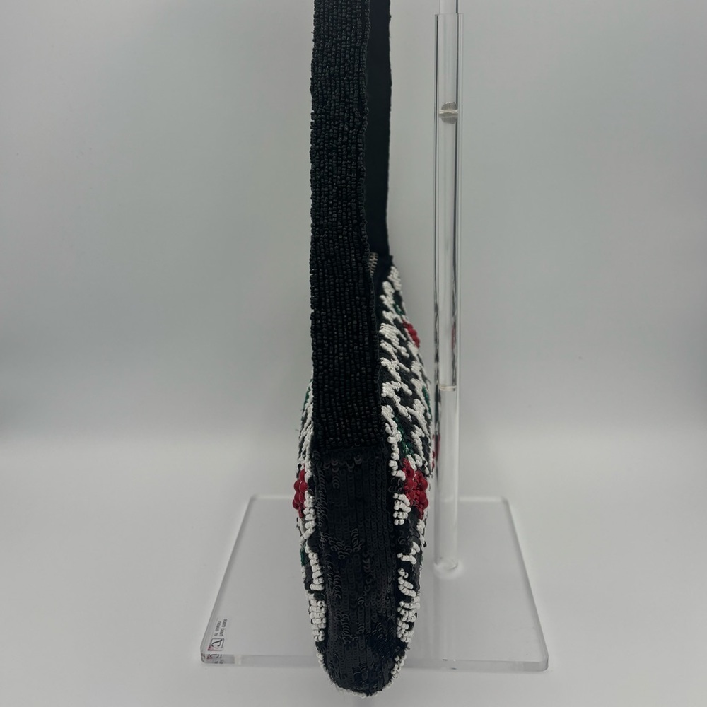 Black Beaded Houndstooth Shoulder Bag - Red Cherry Motif - Made in India - Picture 3 of 10